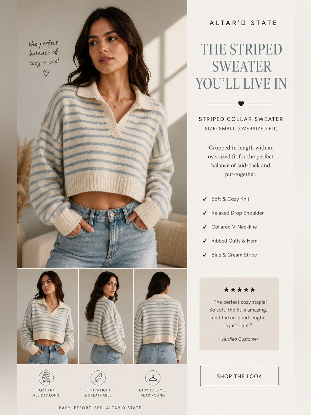 Altar'd State Cream & Blue Striped Collared V-Neck Sweater